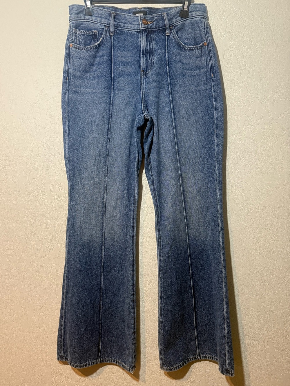 Express- Y2K- 70s Flare High Rise, Blue Denim Jeans with French Hem front Detail